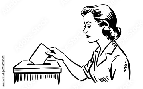 illustration of a woman placing a ballot paper into a voting box, representing election and civic participation.
