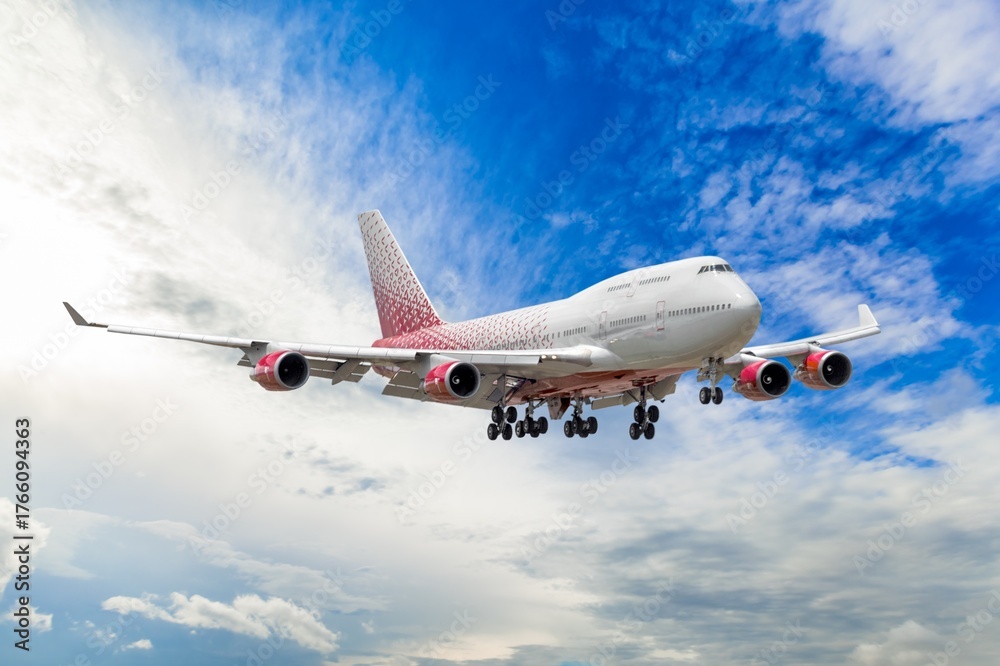 Obraz premium Airplane flying in blue sky, for travel concept