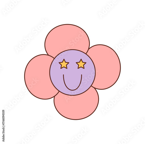 Groovy retro daisy smile face icon in playful cartoon pink style. Star face flower with happy expression, y2k and groovy element give this icon a unique and cheerful look for modern, positive uses.