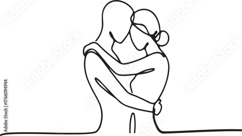Couple Embracing in Continuous Line Art Style on White Background embrace love