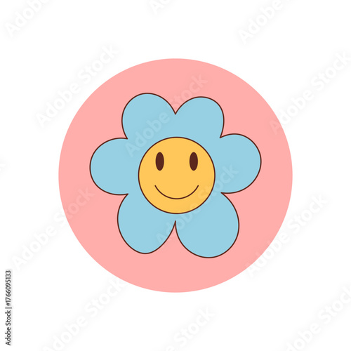 Retro groovy blue smiley flower in cartoon graphic style sticker. Cute round sticker with happy face and playful vibe as bright groovy element. Ideal for seal or package, blue circle sticker with y2k