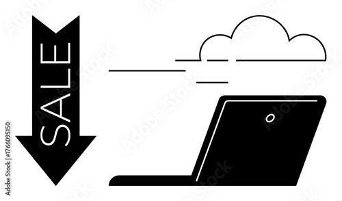 Laptop with a cloud and downward sale arrow symbolizing online shopping, e-commerce, marketing, discounts, cloud technology, business efficiency, and virtual marketplaces. Simple flat metaphor