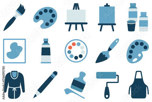 Set of artist tools icons flat vector illustration of painting equipment isolated on white background for graphic design