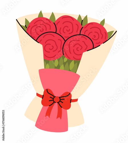 Big bouquet of pink roses. Holiday and surprise element. Flat vector illustration.