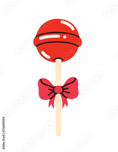 Cute red lollipop with a bow. Flat vector illustration.