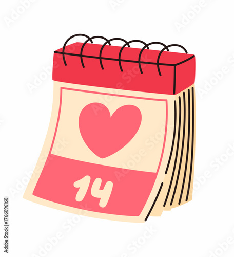 Cute calendar with a heart. Valentine's day element. Flat vector illustration.