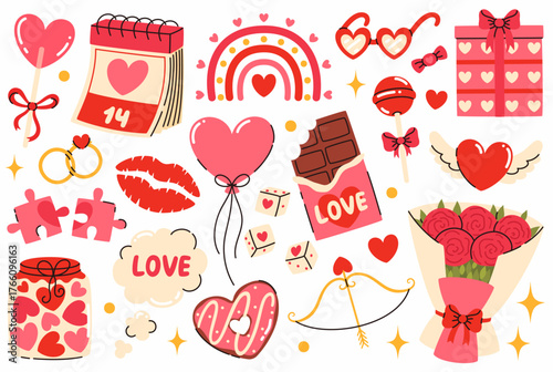 Set of cute Valentine's day elements. A gift, heart-shaped lollipop, a bouquet of roses, a calendar. Flat vector illustration.