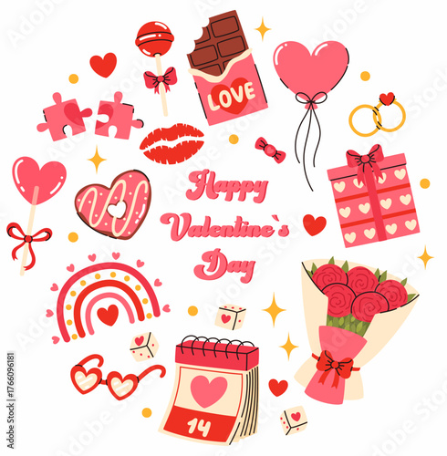 Cute happy Valentine's day card. A gift, heart-shaped lollipop, a bouquet of roses, a calendar. Flat vector illustration.