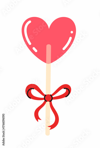 Heart-shaped lollipop with a bow. Valentine's day element. Flat vector illustration.