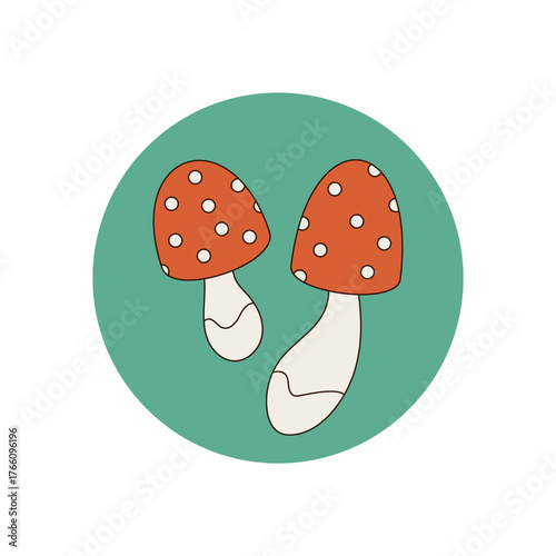 Groovy retro mushroom forms funky orange sticker label. Playful cartoon seal set in a circle on package or box lid, y2k visual style for modern branding and packaging uses.