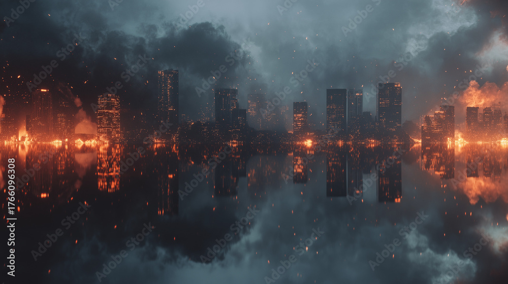 Fototapeta premium cinematic establishing shot of burned cityscape, rising smoke, glowing embers, symmetrical wide frame