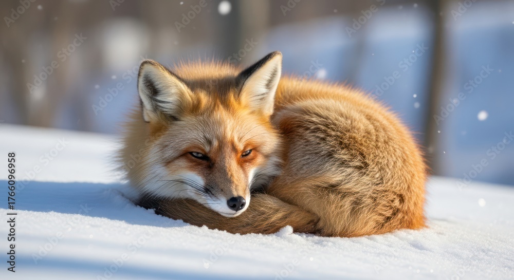 Obraz premium Red fox resting peacefully in the snowy landscape under the soft sunlight winter season