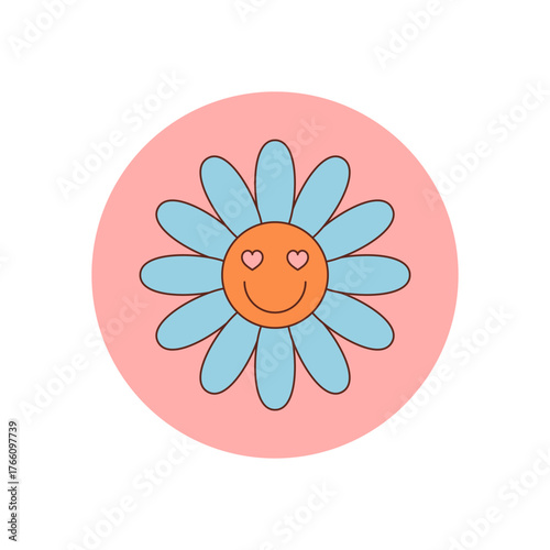 Groovy retro sticker with cute flower and smiley face in pink, happy cartoon heart accent as y2k groovy element. Fun seal for package or box, trendy accent for positive decorative use.