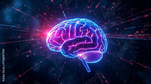 Abstract 3D Render of a Human Brain with Data Streams, Neural Networks, and Glowing Light Particles Representing the Fusion of Humanity and Technology