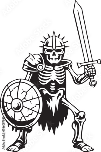 Black and white illustration of a skeleton warrior with sword and shield armor