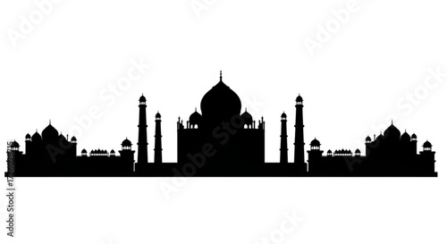 Silhouette of the taj mahal with minarets and domes against a white background in a panoramic view