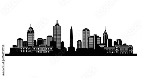 Silhouette of a city skyline with tall buildings and a monument against a white background in black and white