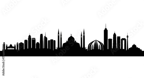 Black silhouette of a city skyline with buildings, domes, towers, and minarets in a panoramic view