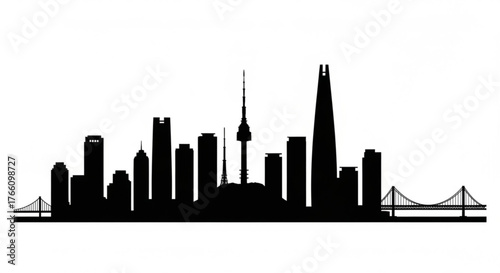 Silhouette of a city skyline with various buildings a tower and two bridges in a monochrome design style