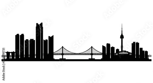 Silhouette of a city skyline with skyscrapers and a bridge spanning across a body of water view in black