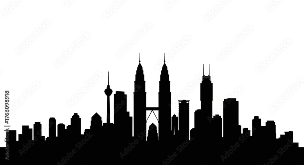 Fototapeta premium Silhouette of kuala lumpur skyline featuring petronas towers and kl tower against a white background