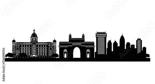 Black silhouette of mumbai skyline featuring iconic buildings and architectural landmarks in india landscape