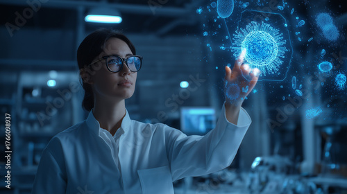 scientist analyzing microorganisms with AI holographic interface, glowing microbiome data visualization, futuristic laboratory setting