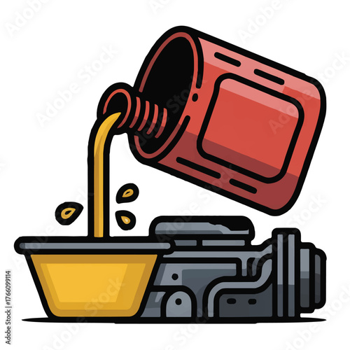 Illustration of motor oil being poured into an engine isolated on white background, symbolizing maintenance, lubrication, and automotive care for optimal vehicle performance