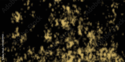 Abstract luxury banner with golden glittering dots on black background. Sparkling glitter bottom border, vector frame. Halftone effect. Magical gold dust. Pop art style backdrop.