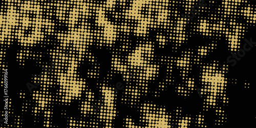 Abstract luxury banner with golden glittering dots on black background. Sparkling glitter bottom border, vector frame. Halftone effect. Magical gold dust. Pop art style backdrop.