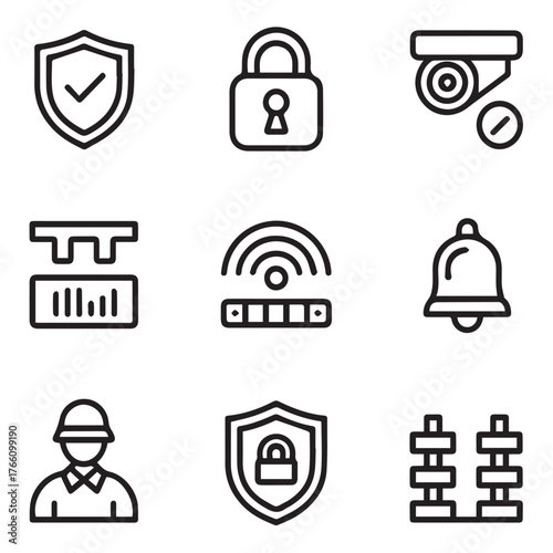Collection of security icons isolated on white background, featuring symbols for protection, surveillance, and safety measures in a minimalist style, suitable for websites and applications