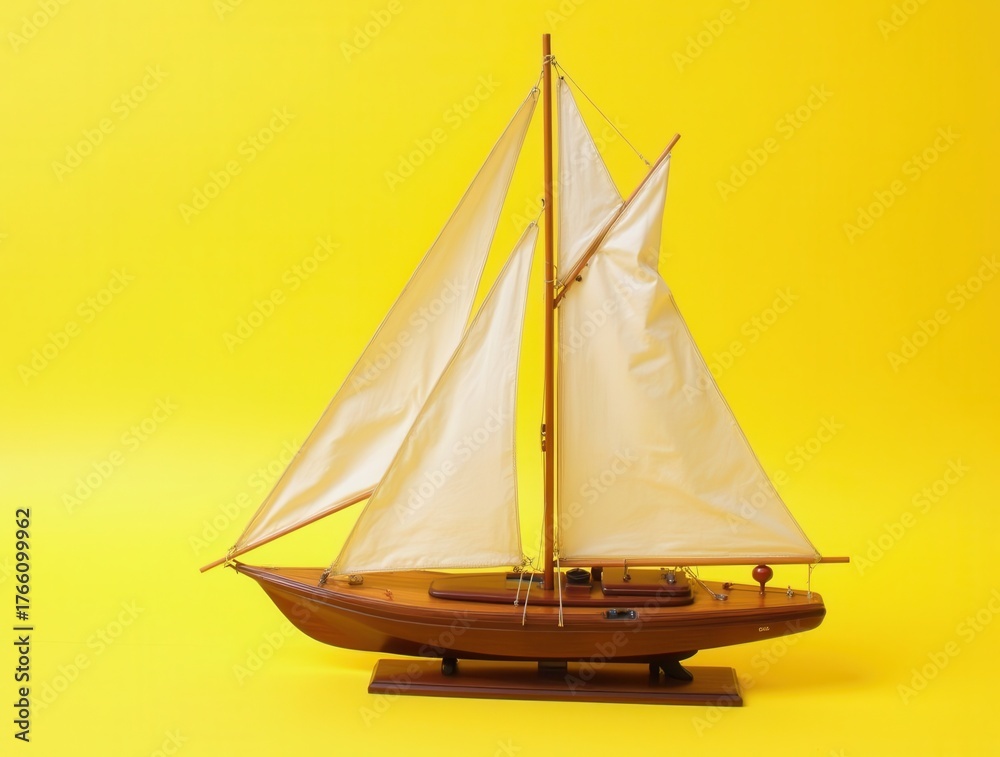 Obraz premium Model sailboat with white sails on yellow background representing adventure and travel