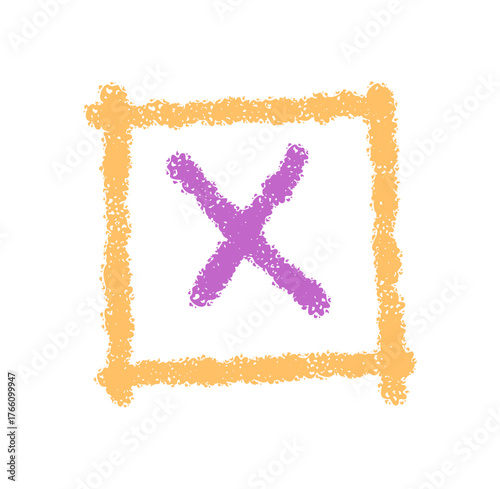 Chalk cross mark forms a check box sticker icon. The bold symbol with rough element style and vivid color acts as a sign and mark, perfect as an isolated contemporary icon or element.
