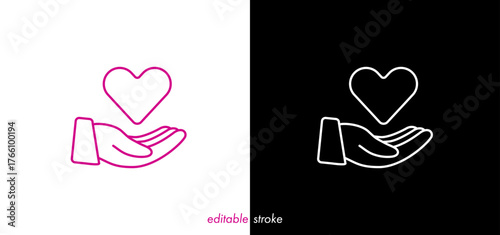Hand holding heart. Editable stroke heart with hand, medical vector design to use for healthcare, healthy lifestyle, medical laboratory, cardiology project.