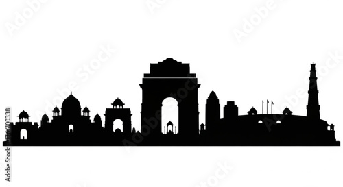 Silhouette of the delhi skyline featuring india gate and qutub minar on a white background showing landmarks