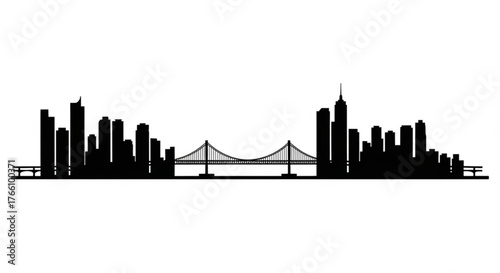 Silhouette of a city skyline with skyscrapers and a bridge spanning across the horizon in black and white