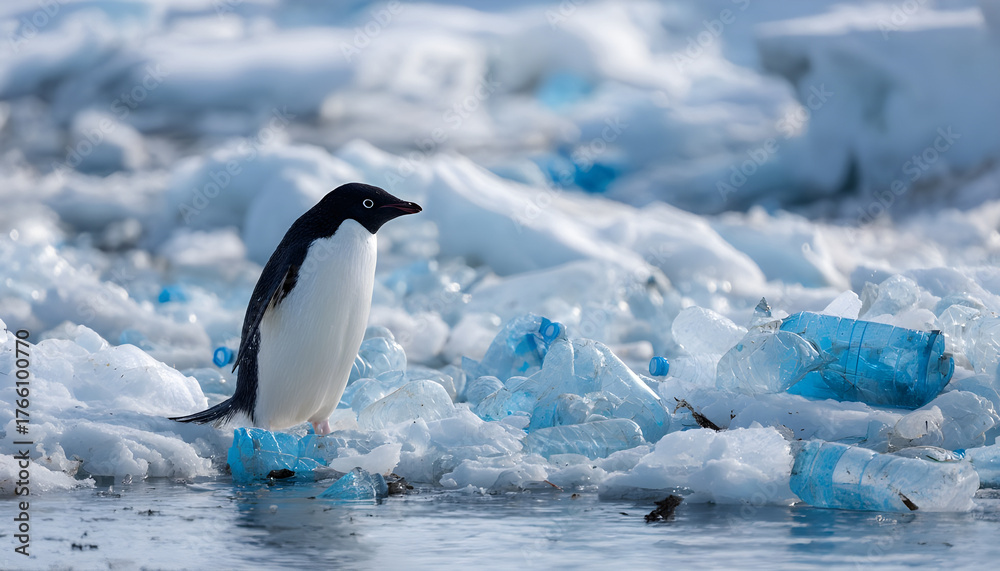 Obraz premium Penguin standing on icy water among scattered blue plastic bottles and pollution. Concept Penguin and plastic pollution, Plastic waste in polar seas, Conservation in polar regions