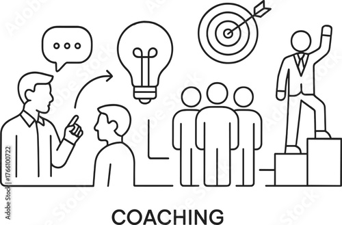 Business coaching and leadership training concept — mentoring, teamwork, and personal development line illustration