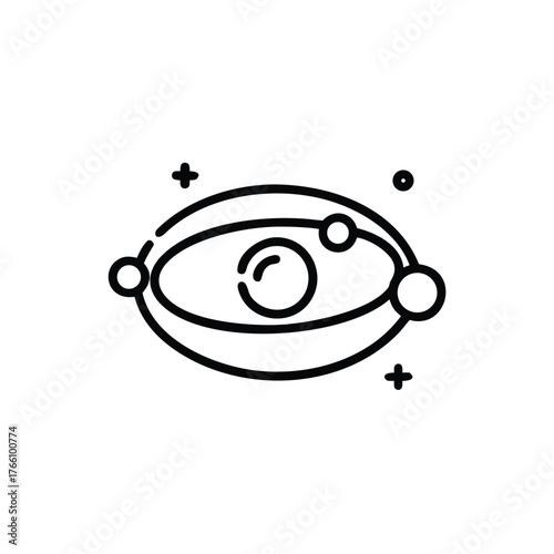 Abstract elliptical orbit icon with planets and plus signs on white background circles