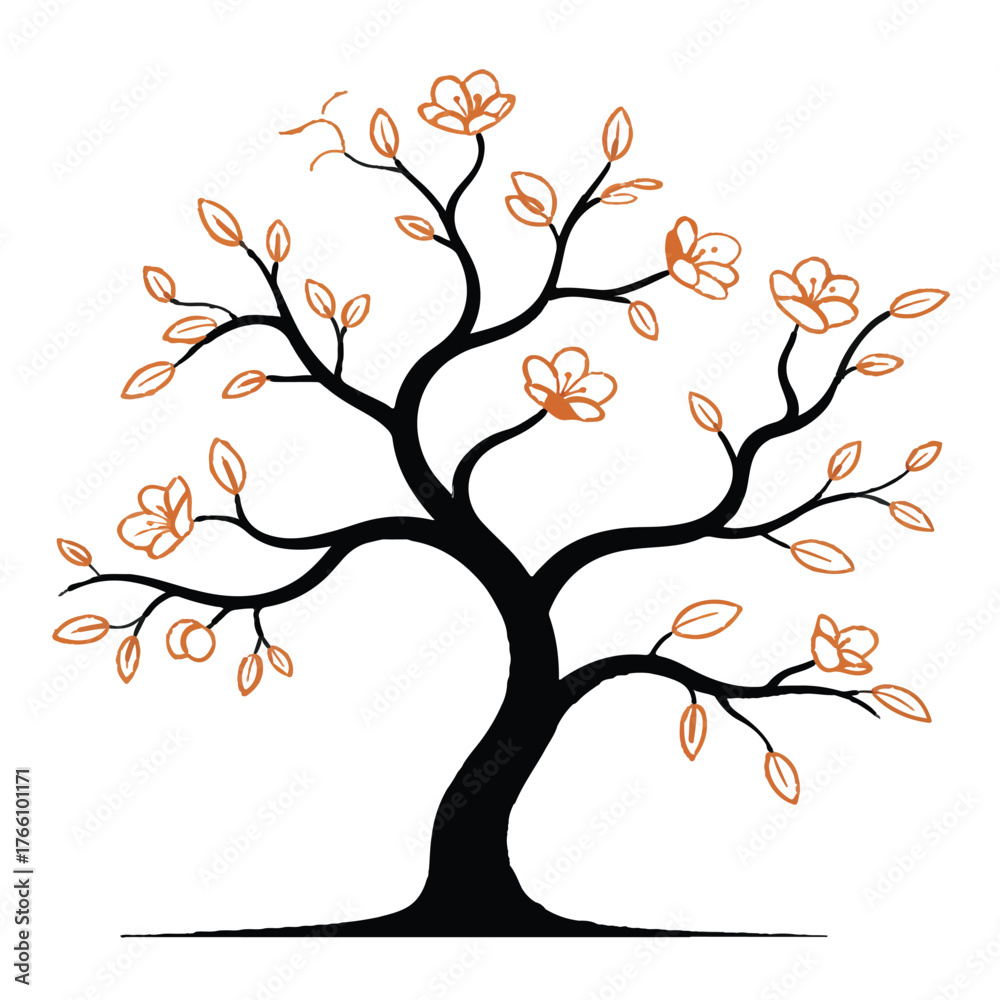 Fototapeta premium A blossoming tree with delicate flowers and leaves, isolated on white background, representing nature, beauty, growth, and the cycle of life, with a touch of elegance