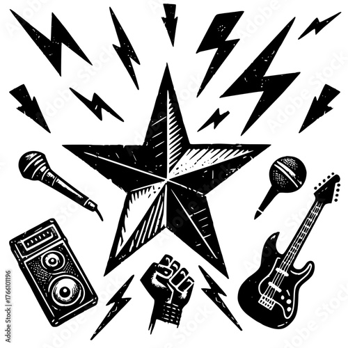 Electric Anthem: Symbols of Rock Resistance, This dynamic composition blends rock iconography with punk symbolism, capturing the spirit of sound, strength, and resistance