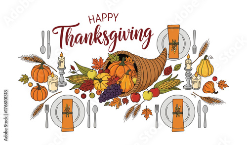 Thanksgiving Table Setting with Cornucopia and Festive Decorations