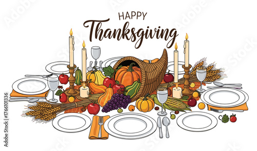 Thanksgiving Dinner Table Setting with Cornucopia and Candles