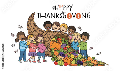 Happy Thanksgiving Diverse Group of Children Gathered Around Cornucopia