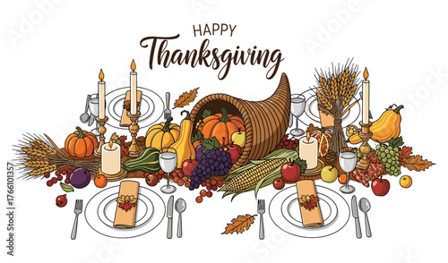Thanksgiving Feast Festive Table Setting with Cornucopia and Autumn Harvest