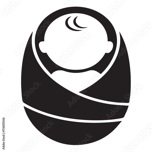 A charming black and white illustration of a swaddled baby, isolated on white background, showcasing the simplicity and innocence of infancy with a minimalist design and clear, crisp lines