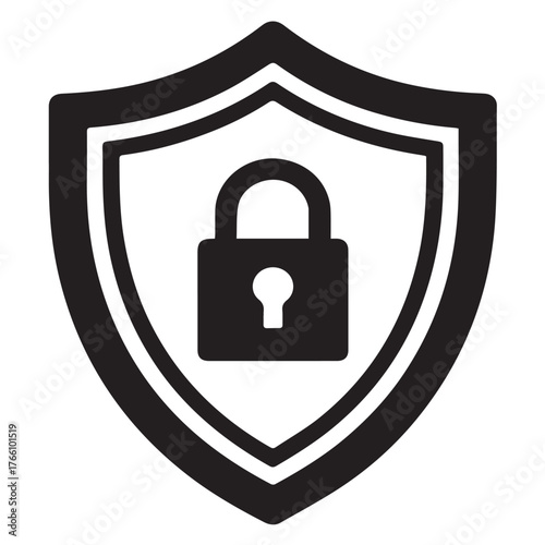 A bold black shield emblem with a prominent padlock at its center, isolated on white background, symbolizes security, protection, and the safeguarding of valuable assets
