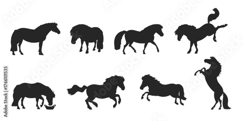 A set of vector silhouettes with Shetland ponies