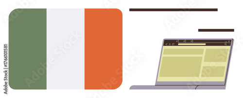 Irish flag alongside a laptop displaying a web browser, highlighting themes of national identity, technology, and digital connectivity. Ideal for education, research, travel, communication, culture