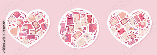 Heart mail sticker love card flat style. Envelope with valentine message and gift, romantic pink concept. Creative shape, correspondence and celebration, ideal for greeting holiday communication.